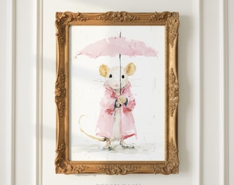 Mouse Wall Art, Cute Rainy Day Animal Print, Whimsical Woodland Artwork, Nursery Wall Art Print, Cozy Storybook Decor
