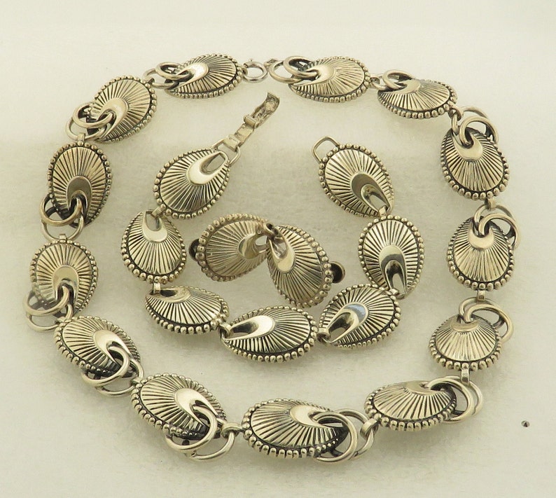 Vintage Hand EngravedBeaded Sterling Silver Stamped Danecraft Bracelet Non Pierced Earrings /& Necklace Set.