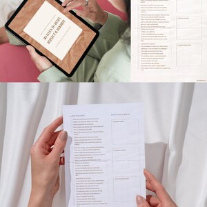以下が含まれることがあります： 「30 DAYS TO RESET, REFLECT & REWRITE」というテキストが表示されたジャーナルページをタブレットで表示している様子。ジャーナルページは茶色の紙の質感。プロンプト付きの別のジャーナルページも表示されています。