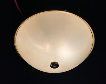 Vintage Mid Century UFO Shaped Frosted Glass Dome Mounted on a 15" Gold Color Metal Base with 3 Standard Light Sockets Flush Ceiling Fixture
