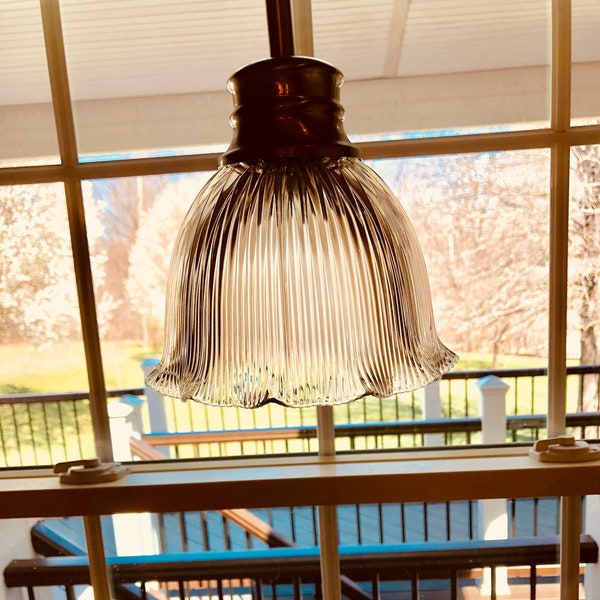 Flared Ruffled Holophane E40 Glass Shade and Newly Wired Pendant Light Fixture