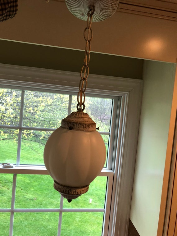 Mid Century French Provincial Style Pendant Light With White Globe And White With Gold Accented Metal