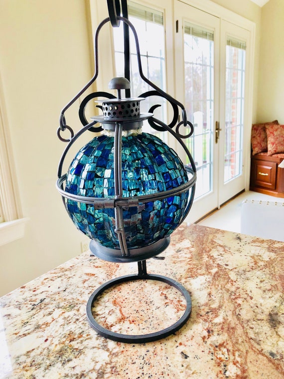 Hanging Lantern Style Stained Glass Caged Candleholder On Stand