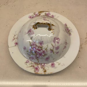 Theodore Haviland Limoges France Domed Butter Dish, Purple and Pink with Greenery on White, Patent Applied For, From 1893 to Early 1900s