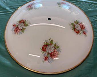 Circular Mid-Century Bent Glass Dome 15” White with a Flower Pattern and Metal Ring Application on Outer Edge