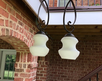 Matching Pair of Forged Tubular Pendant Lights with Bell Shaped White Frosted Shade