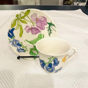 Ernestine Salerno Cup and Saucer Set Summer Floral Hand Painted Italian Mid Century Ceramic