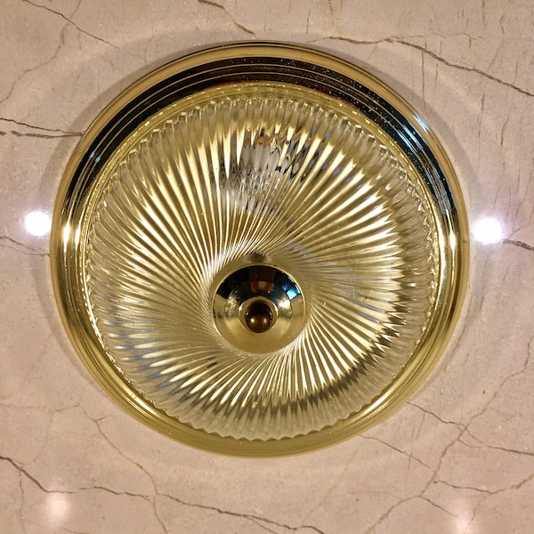 Holophane Style Twisted Sun Ray Ribbed Glass Flush Mount Gold Tone Ceiling Light