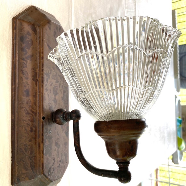 Antique Look Sconce with Older Ribbed and Scalloped Halophane Style Globe