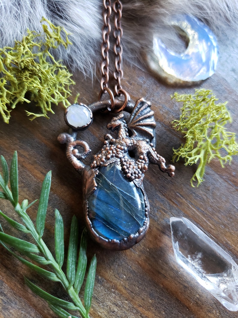 Gemstone Necklace Copper Electroformed Necklace Dragon and Labradorite Necklace Dragon Jewelry Fantasy Necklace Copper Necklace