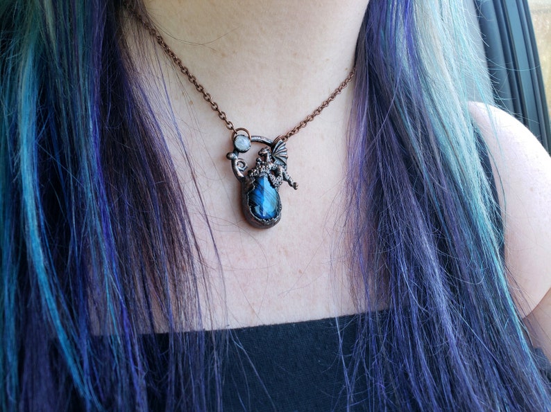 Gemstone Necklace Copper Electroformed Necklace Dragon and Labradorite Necklace Dragon Jewelry Fantasy Necklace Copper Necklace