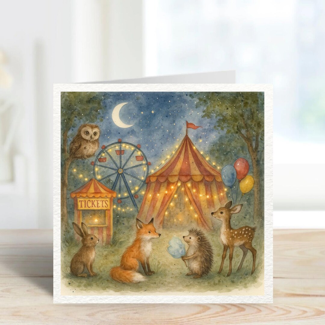 Woodland Animal Fairground Card | Fox Hedgehog Bunny Deer Night Circus ...