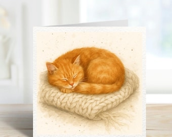 Cosy Ginger Cat Greeting Card – Watercolour Sleeping Cat Card – Cute Cat Lover Birthday Card – Blank Inside Square Card