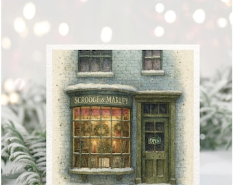 Tarjeta navideña de Scrooge y Marley / Escaparate victoriano de Dickens / Tarjeta con escena invernal acogedora / Tarjeta de felicitación de Un cuento de Navidad (Reino Unido)