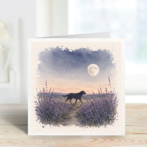Può includere: Biglietto di auguri con un dipinto ad acquerello di un cane nero che cammina in un campo di lavanda sotto la luna piena e un cielo stellato. L'opera d'arte ha una qualità morbida e sognante con un bordo chiaro.
