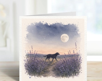Black Labrador Moonlight Card, Watercolour Dog Greeting Card, Lavender Field Card, Countryside Labrador, Blank Card