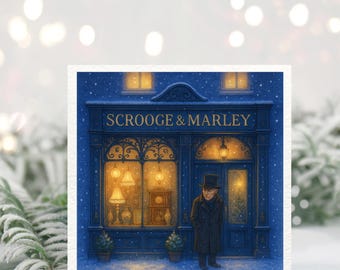 Tarjeta navideña de Scrooge y Marley / Fachada de tienda victoriana de Dickens / Escena navideña vintage melancólica / Tarjeta de felicitación literaria (Reino Unido)