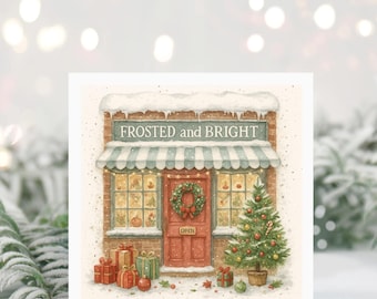 Frosted and Bright Christmas Card – Cosy Winter Shop Watercolour Design – Wrendale Inspired Christmas Card – Snowy Countryside Scene