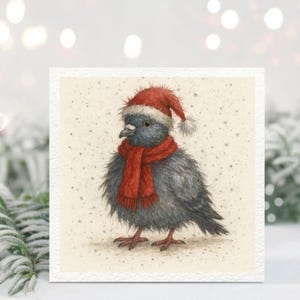 May include: A watercolour illustration of a grey pigeon wearing a red Santa hat and scarf. The bird is set against a textured, off-white background with small dots. The image is within a white square frame, evoking a festive theme.