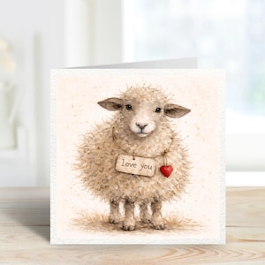 May include: A greeting card with a watercolour illustration of a sheep. The sheep has a tag that says "love you" and a red heart. The card is on a wooden surface.
