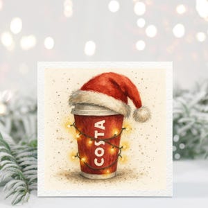 May include: A watercolour illustration of a Costa coffee cup, adorned with a Santa hat and fairy lights. The red cup features the word "COSTA" in white. The Santa hat is red with white trim and a pom-pom. The lights are yellow.