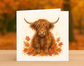 Highland Cow Watercolour Autumn Blank Greeting Card – Rustic Countryside Animal Art, Shaggy Cow with Leaves, Farmhouse Stationery
