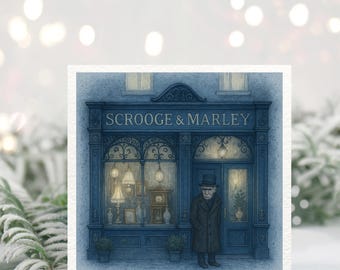 Tarjeta navideña de Scrooge y Marley / Escaparate victoriano de Dickens / Escena navideña vintage melancólica / Tarjeta de felicitación literaria (Reino Unido)