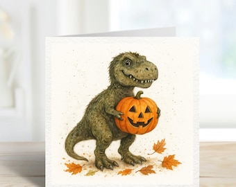 T Rex Halloween Card – Cute Dinosaur with Pumpkin – Funny Kids Trick or Treat Card – Autumn Greeting Card