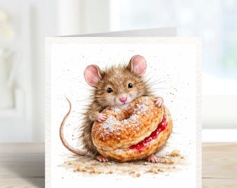 Cute Mouse with Jam Doughnut Card | Funny Mouse Illustration | British Animal Greeting Card | Birthday, Thank You or Just Because