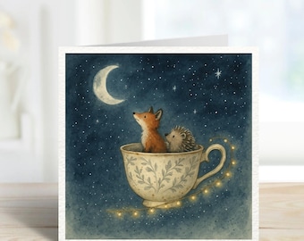 Fox and Hedgehog Moon Card, Woodland Animal Night Sky Greeting Card, Friendship Card, Whimsical Watercolour Illustration