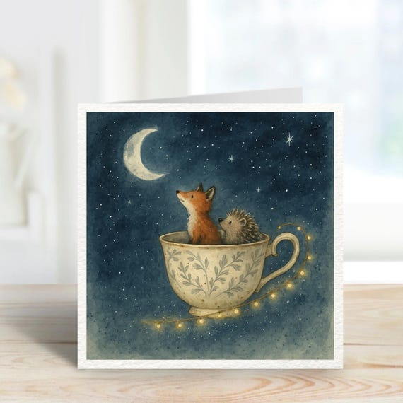 Fox and Hedgehog Moon Card, Woodland Animal Night Sky Greeting Card, Friendship Card, Whimsical Watercolour Illustration