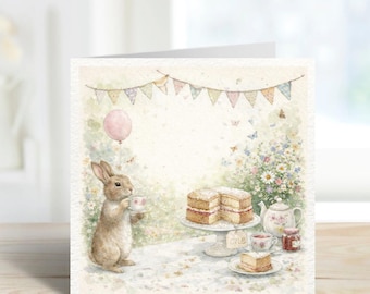 Cute Bunny Birthday Card | Woodland Animal Greeting Card | Rabbit Tea Party Card | Baby Birthday Card | Hand Painted Style Illustration