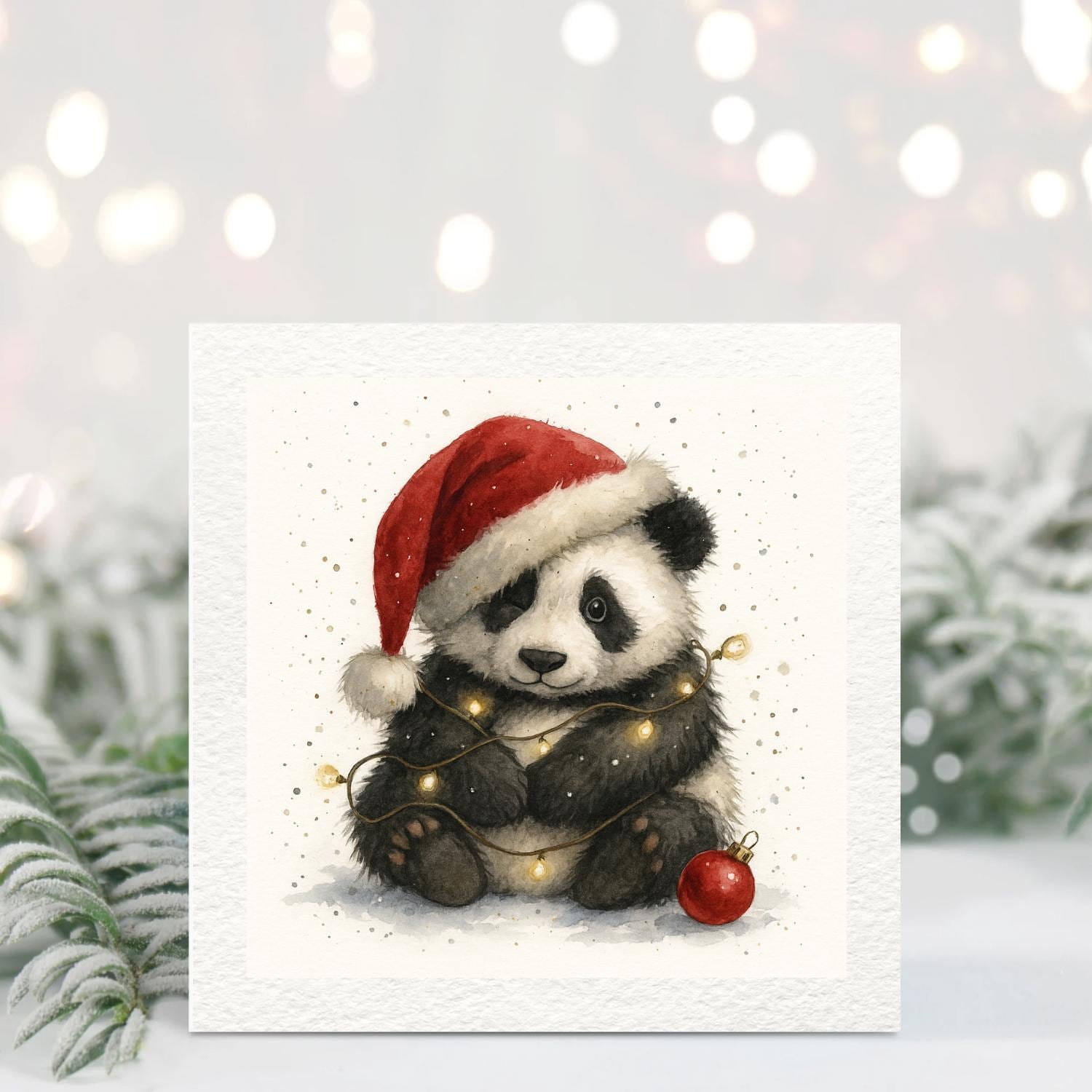 Simpatico panda che vola in mongolfiera biglietto di auguri per le vacanze di natale. cartone