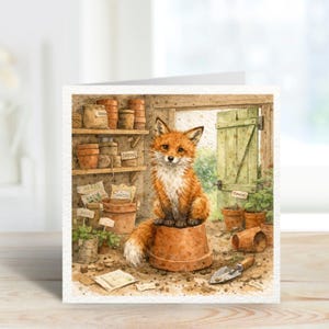 Gardening Fox Card – Cute Fox in Potting Shed – Woodland Animal Watercolour – Garden Lover Greeting Card