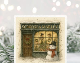 Tarjeta navideña de Scrooge y Marley / Escena nevada de una tienda victoriana / Tarjeta de Dickens: Un cuento de Navidad / Tarjeta de felicitación invernal acogedora