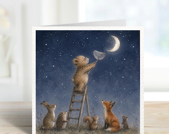 Bear Catching the Moon Greeting Card | Woodland Animal Birthday Card | Moon & Stars Card | Cute Countryside Illustration | Blank Card