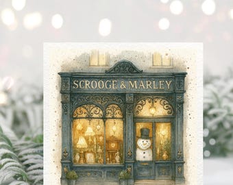Tarjeta navideña de Scrooge y Marley / Fachada de tienda inspirada en Dickens / Escena de muñeco de nieve victoriano / Tarjeta navideña en acuarela estilo Wrendale