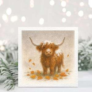 Highland Cow Watercolour Greeting Card – Snowy Autumn Blank Card, Countryside Animal Art, Rustic Farm Cow Birthday or Christmas Card