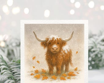 Highland Cow Watercolour Greeting Card – Snowy Autumn Blank Card, Countryside Animal Art, Rustic Farm Cow Birthday or Christmas Card