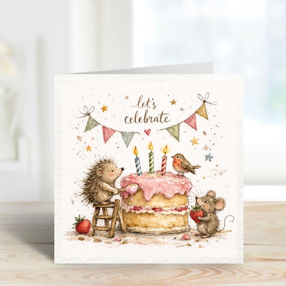 Cute Hedgehog Birthday Card, Woodland Animal Celebration Card, Mouse & Robin Cake Design, Rustic Countryside Birthday Card, Cute Animal Card