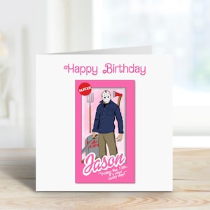 Jason Voorhees Barbie Grußkarte – Freitag der 13te Horror Mashup – Lustige Blanko Geburtstagskarte – Gruselige Halloween Karte – Personalisiert