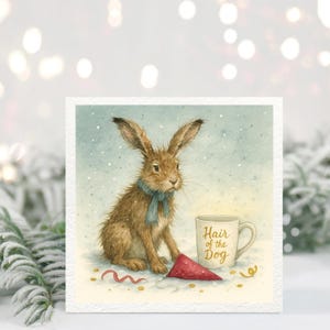 May include: A watercolor illustration of a brown hare wearing a blue scarf, sitting next to a mug that says "Hair of the Dog" and a red party favor. The background is a snowy, light blue scene.