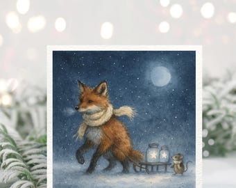 Fox and Mouse Winter Lantern Card – Hand Painted Woodland Christmas Scene – Cute Animal Holiday Card – Cozy Snowy Night Illustration