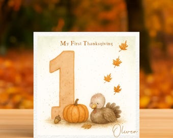 Mijn eerste Thanksgiving-kaart | Baby's eerste Thanksgiving-aandenken | Herfstkaart pompoen en kalkoen | Baby mijlpaalcadeau herfst