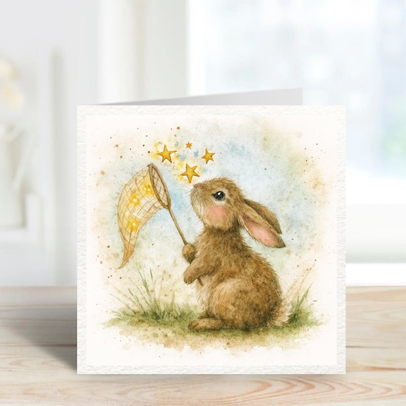 Whimsical Bunny with Star Net Card, Cute Rabbit Illustration, Hand Painted Watercolour Animal Card, Nursery Bunny Art