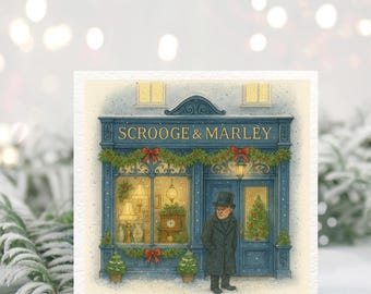 Scrooge & Marley Christmas Card | Dickens Victorian Shopfront | Moody Vintage Christmas Scene | Literary Greeting Card UK