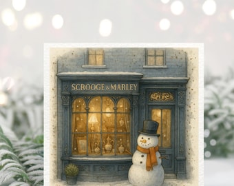 Tarjeta navideña de Scrooge y Marley / Fachada de tienda inspirada en Dickens / Escena de muñeco de nieve victoriano / Tarjeta navideña en acuarela estilo Wrendale