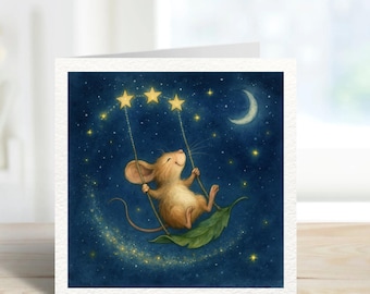 Whimsical Mouse Swing Greeting Card – Cute Starry Night Mouse on Leaf Swing – Magical Animal Art Birthday, Baby Shower, New Baby Card