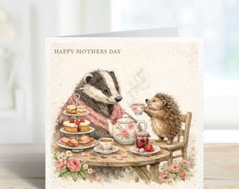Biglietto per la festa della mamma / Mamma - Tè pomeridiano con animali del bosco / Carino tasso e riccio acquerello / Da figlia e figlio