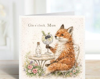 Gin O’Clock Mum Card | Funny Mother’s Day Card | Fox Gin Card | Gin Lover Mum Birthday Card | Illustrated Wildlife Card